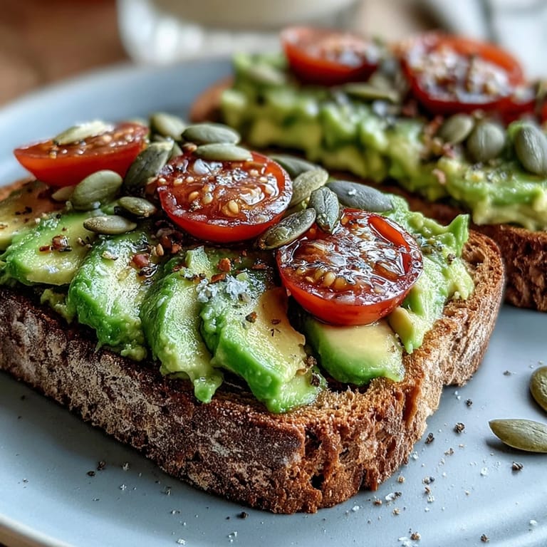 A close-up of avocado toast on whole grain bread topped with tomatoes and seeds.