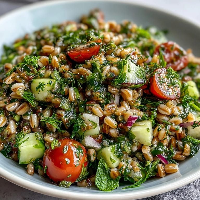 In this Barley and Herb Salad, halved cherry tomatoes and crisp cucumber add bright pops of color and texture beside tender grains and fragrant herbs.  