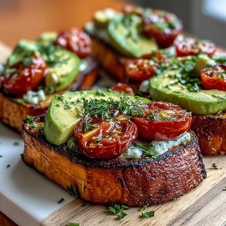 Sweet potato toast variations arranged with peanut butter, banana slices, and granola for a nutritious, sweet breakfast or snack idea.