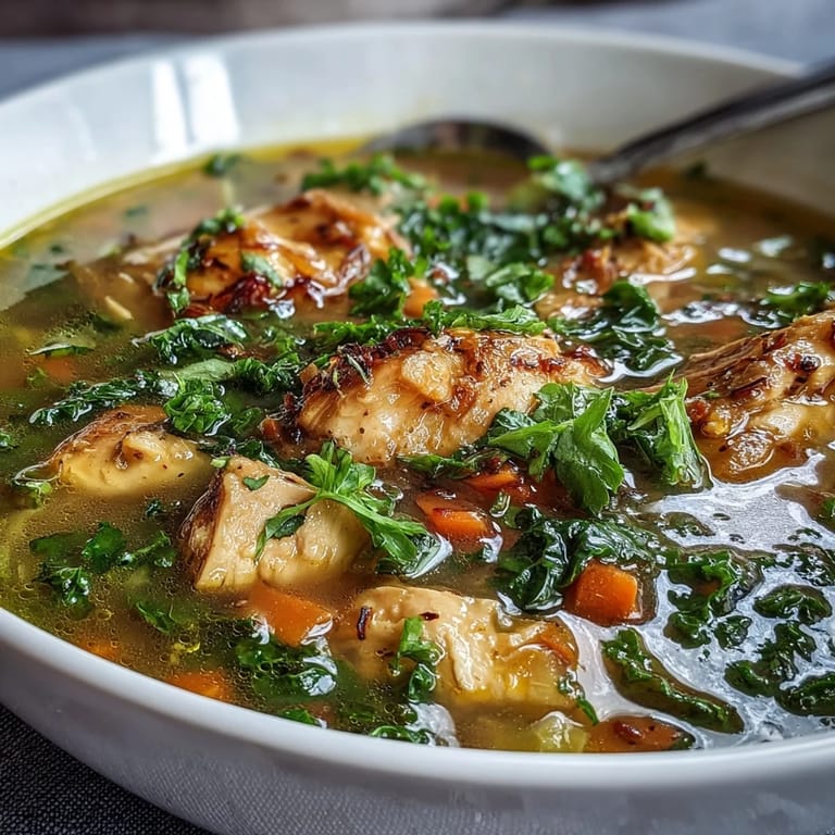 A close-up of High Protein Lemon and Turmeric Chicken Soup with steam rising, served with crusty bread on the side.