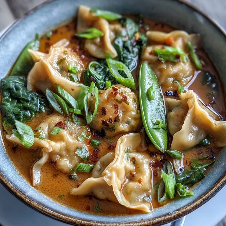 Steaming bowls of Red Curry Wonton Soup with Greens feature plump wontons floating in a spicy orange coconut broth.