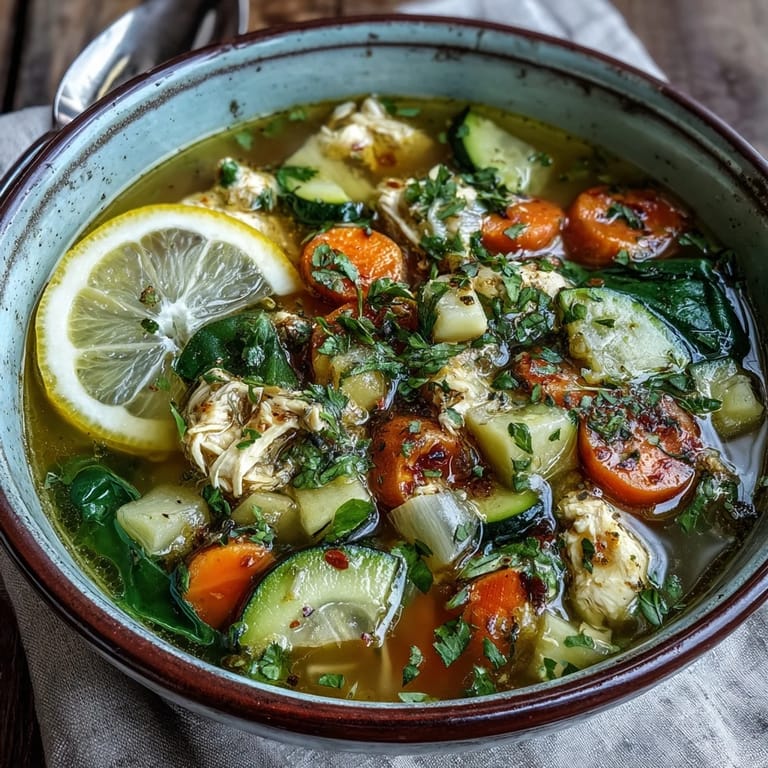 A close-up view of vibrant Turmeric Chicken Soup with tender chicken, carrots, and wilted spinach.