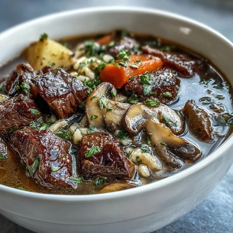 A rustic Dutch oven of Vegetable Beef, Barley, and Mushroom Soup, showcasing hearty vegetables and barley in rich broth.