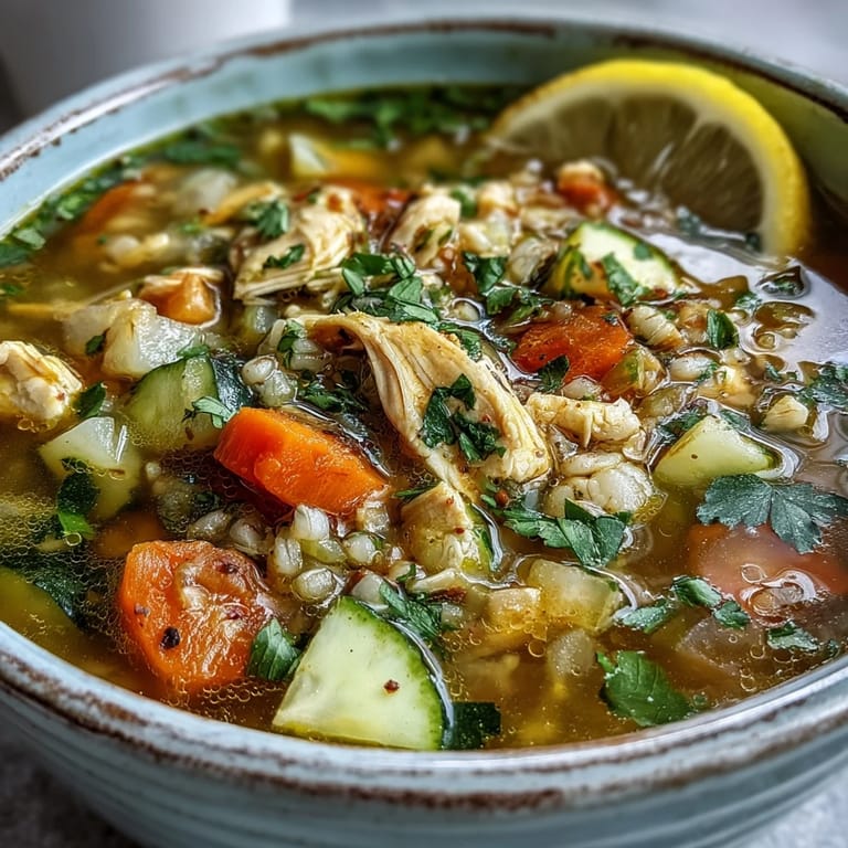 Ladle of golden Soothing Turmeric Chicken With Pearl Barley with tender chicken and vegetables, served beside crusty bread.