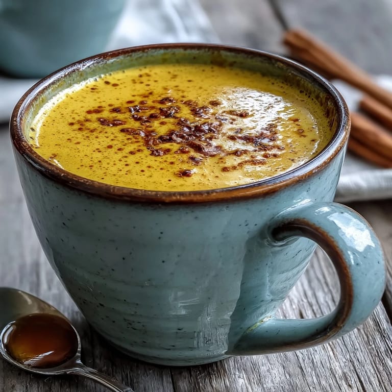 A top-down view of Turmeric and Ginger Golden Milk in a clear glass mug, garnished with a sprinkle of cinnamon.