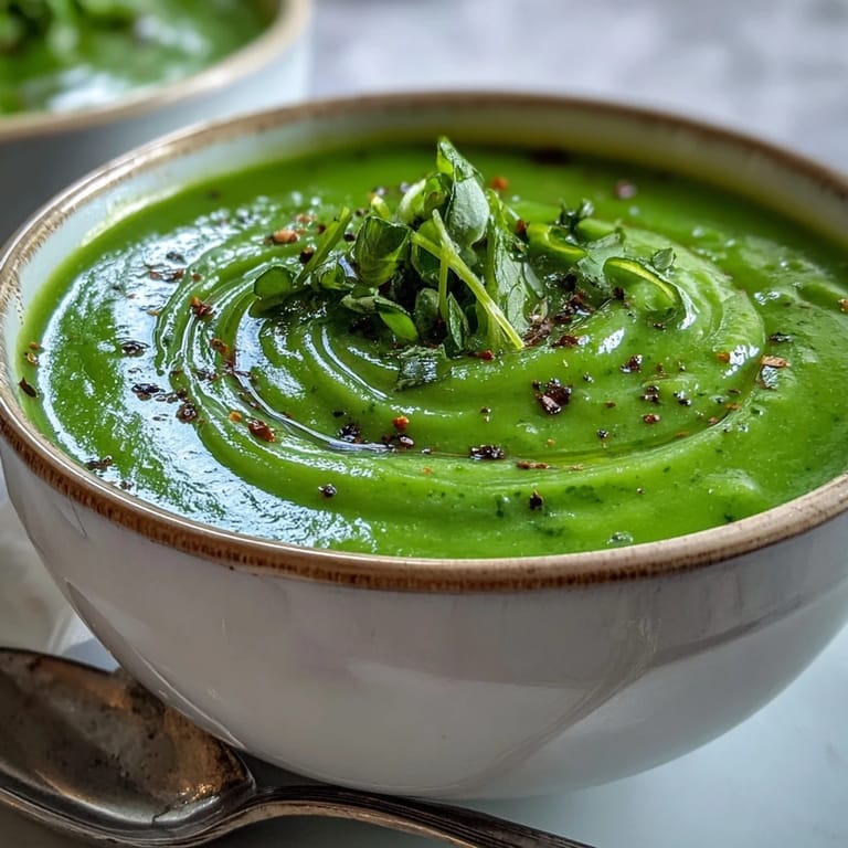 Steaming hot Courgette, Pea and Pesto Soup in a white ceramic bowl, ready to be served with warm crusty bread.