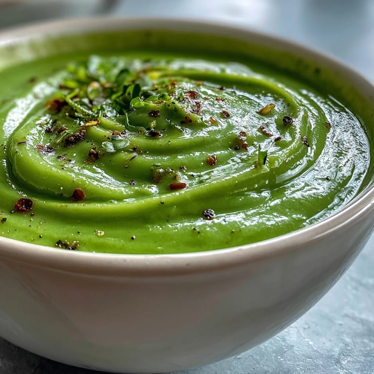 Bowls of vibrant green Courgette, Pea and Pesto Soup with a swirl of pesto and extra peas on top.