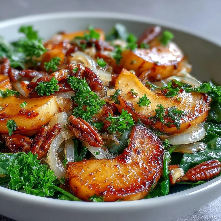 Golden sautéed apples and probiotic sauerkraut combine in a skillet, topped with crunchy walnuts and fresh parsley.