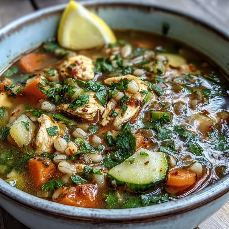 Close-up photo of Soothing Turmeric Chicken With Pearl Barley in a rustic bowl, steam rising from the golden broth.