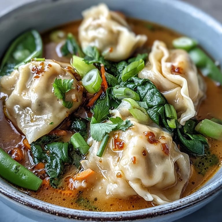 Fragrant Red Curry Wonton Soup with Greens, garnished with lime and fresh cilantro, ready to serve.
