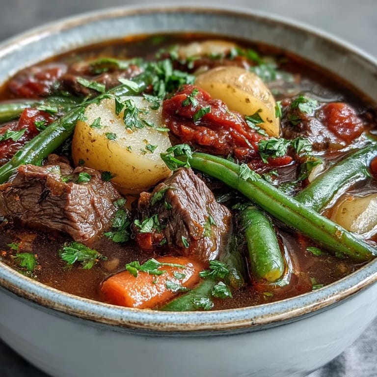 Close-up of ladle pouring rich Beef and Vegetable Soup, highlighting savory herbs and chunky vegetables.