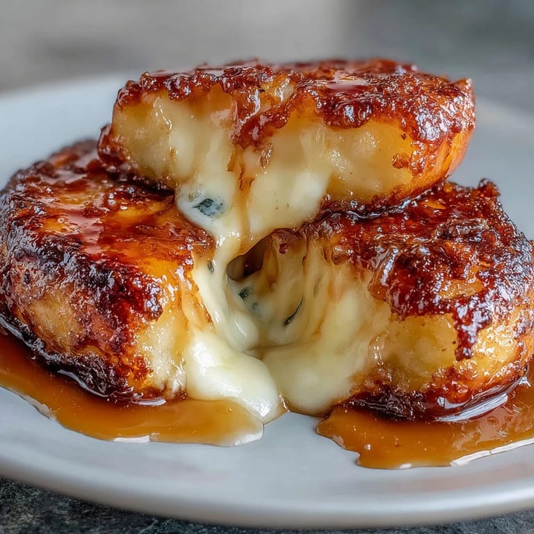 Freshly pan-fried Chīzu Imomochi with melty cheese oozing from the soft potato dumpling center, garnished with sesame seeds.