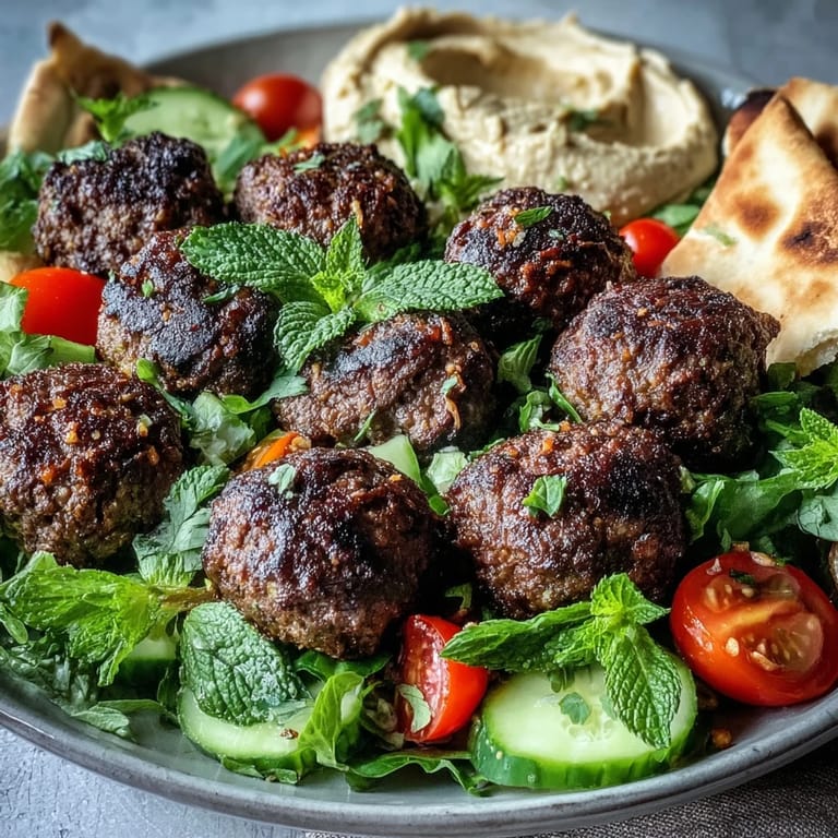 Warmly spiced venison meatballs beside crisp salad greens and creamy hummus dip.