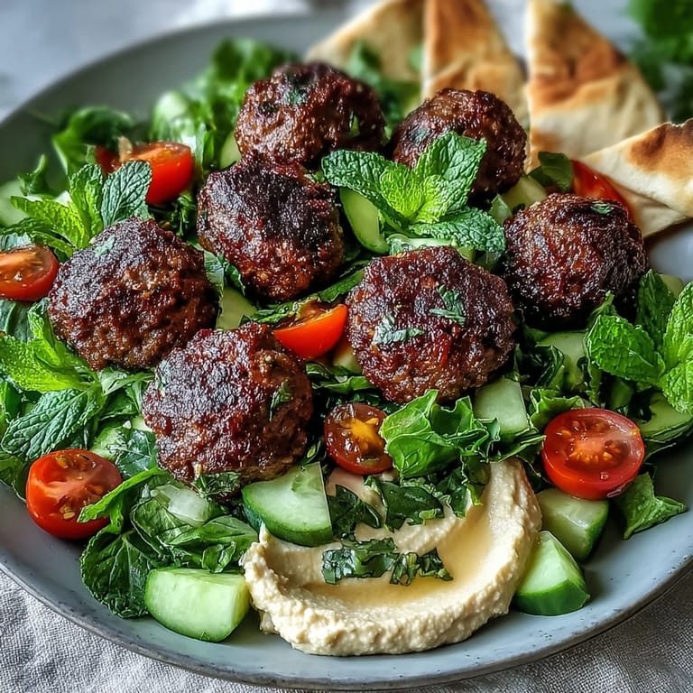 Savory venison meatballs served over fresh mint salad with dollop of hummus.