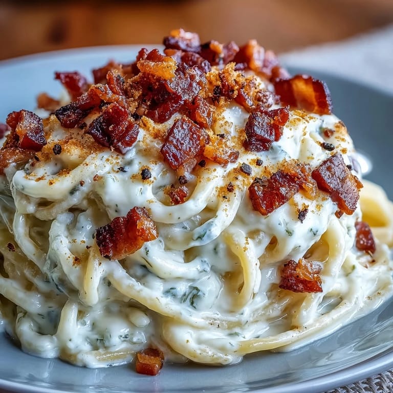 Golden pancetta crisps sizzle in a hot skillet before celeriac noodles are tossed in the pan. The residual heat gently cooks the egg yolks and Parmesan, creating a velvety sauce that clings to every strand. This hearty Celeriac Carbonara is plated and topped with a generous shower of grated Parmesan and freshly cracked pepper. A perfect low-carb, gluten-free dinner alternative to traditional pasta.