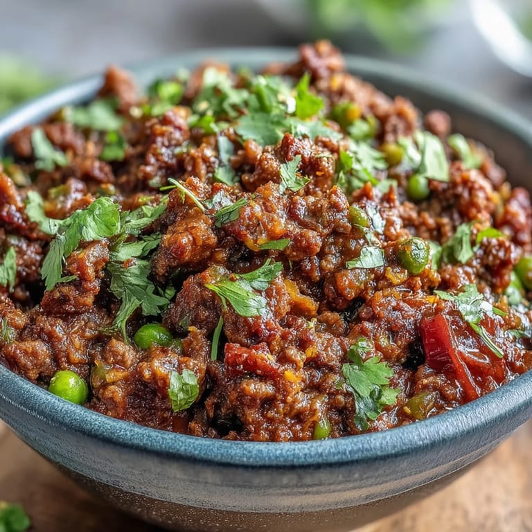 A hearty scoop of Venison Keema Curry reveals aromatic spices and fresh cilantro garnish.