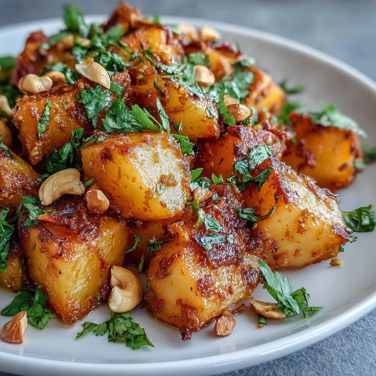 Roasted celeriac cubes are tossed in a spicy, aromatic curry with coconut milk, creating a hearty gluten-free dinner perfect over steamed rice.