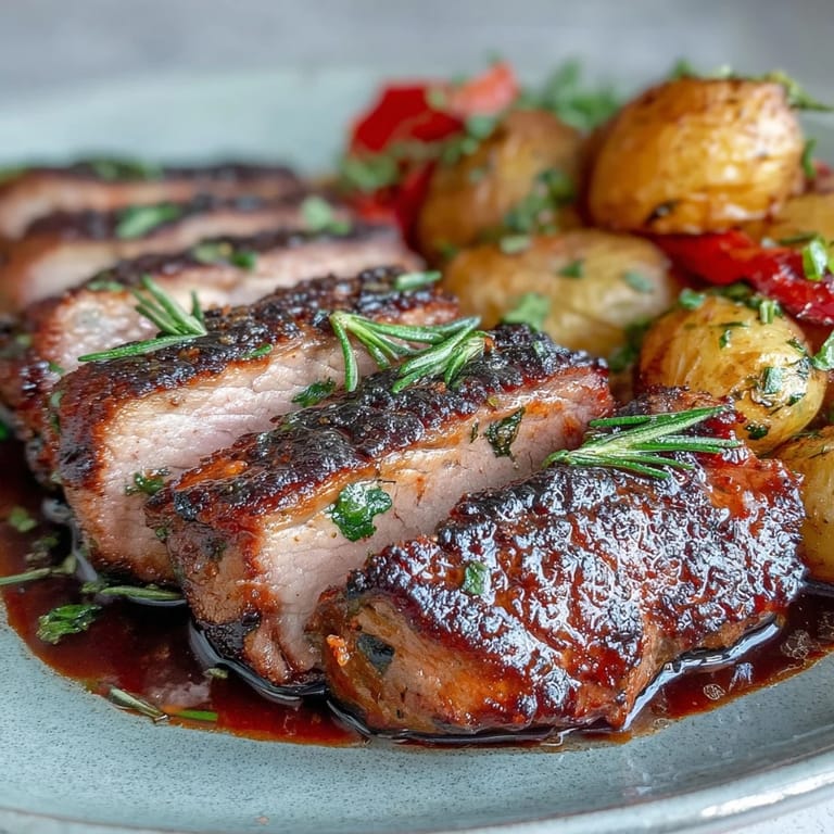 Fresh rosemary and lemon zest marinated Ibérico pork fillet roasted with crispy potatoes and red peppers.