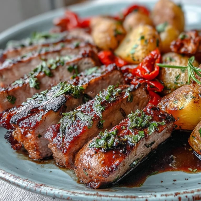 Golden roasted potatoes and sweet red peppers accompany juicy marinated Ibérico pork fillet on a white plate.