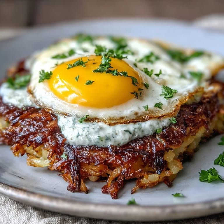Freshly fried egg over a golden celeriac rösti with creamy harissa yogurt and parsley garnish.