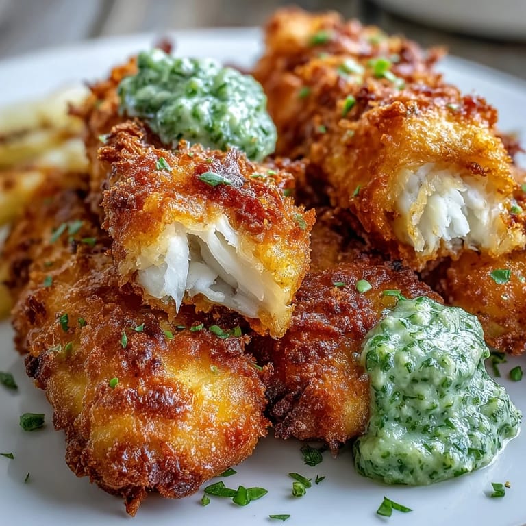 Homemade haddock goujons with Parmesan crust are plated with lemon wedges and a bowl of creamy pea pesto.