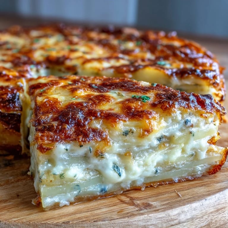 Slices of creamy Cheese and Potato Pie served with a fresh green salad on the side.