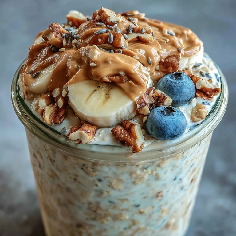 A creamy jar of High-Protein Peanut Butter Overnight Oats, garnished with chopped peanuts and fresh blueberries for a healthy breakfast.