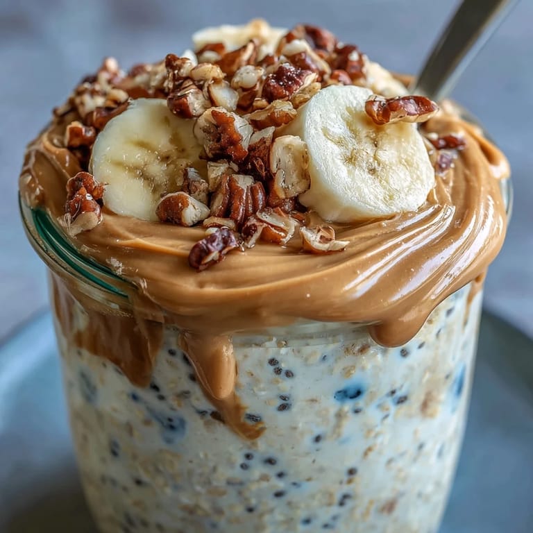 Stirred bowl of High-Protein Peanut Butter Overnight Oats, showing a velvety texture with diced apples and a drizzle of honey.