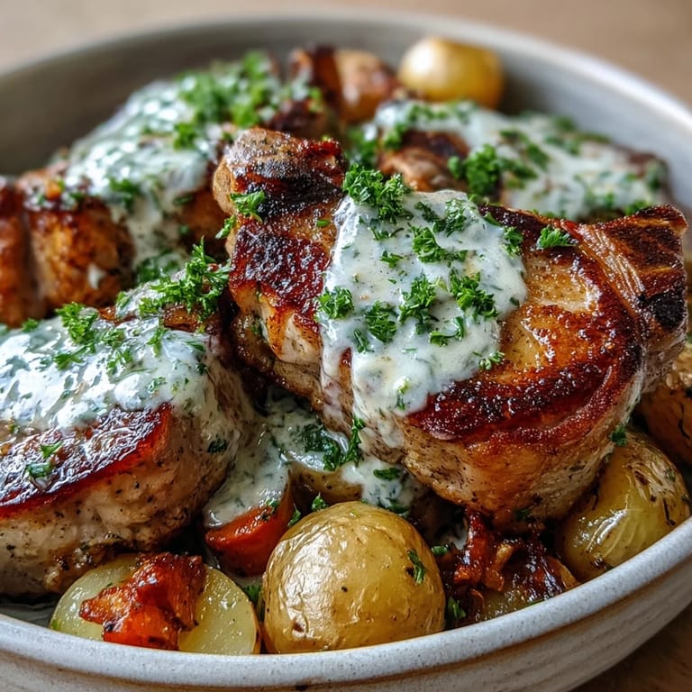 Fork-tender Crockpot Ranch Pork Chops with golden edges, swimming in rich ranch cream sauce and tender vegetables, ready for a cozy American dinner.