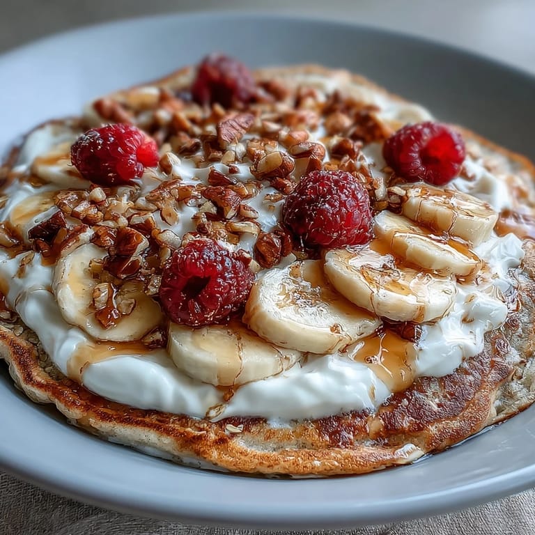 Close-up of a Protein Pancake Bowl revealing a thick stack of pancakes topped with berries, nuts, and a nut butter drizzle.