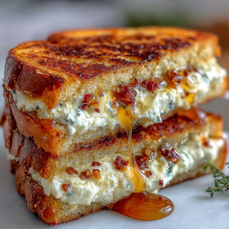 Golden-brown sandwich halves reveal a melting chèvre and cream cheese filling flecked with red pepper flakes and a honey drizzle.