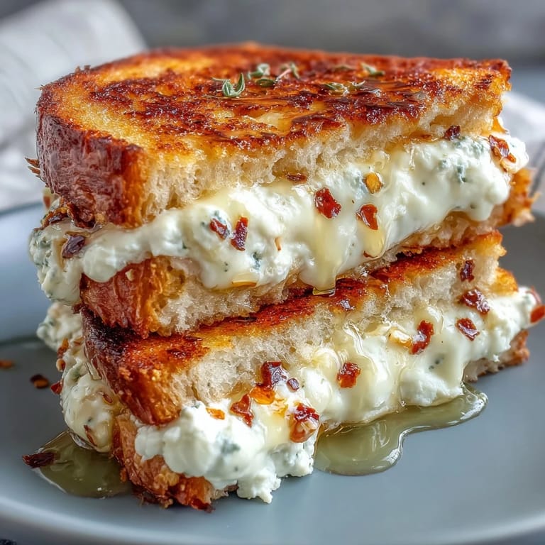 Thick slices of toasted sourdough hold a rich goat cheese spread, accented by sweet honey and a kick of chili flakes.