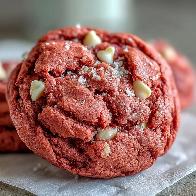 A plated stack of warm Pink Velvet Cookies with gooey white chocolate chips, served beside a glass of milk for a classic treat.