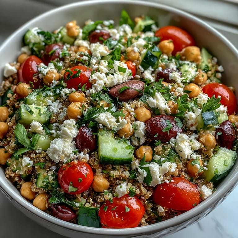 Healthy quinoa and chickpea salad in a white bowl with a lemon wedge, served for lunch.