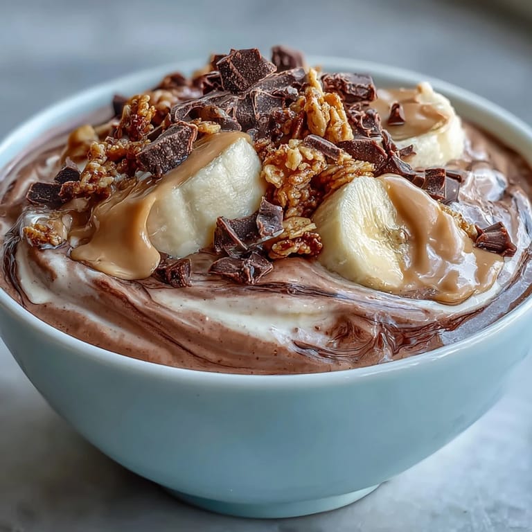 Healthy Chocolate Peanut Butter Smoothie Bowl with cocoa, Greek yogurt, and peanut butter, topped with banana, chocolate, and granola.