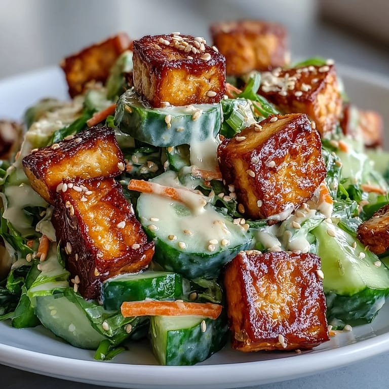 Creamy Asian Cucumber Salad with Crispy Tofu tossed in sesame ginger dressing, served ready to eat with lime wedges on the side.