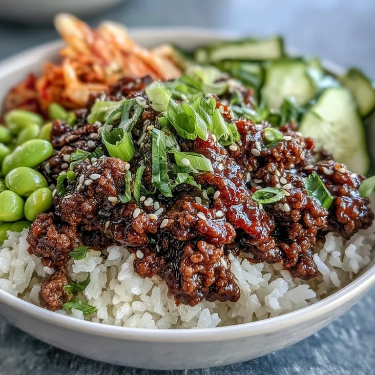 Family-style Korean Ground Beef Bowl garnished with green onions, ready for a quick weeknight dinner.