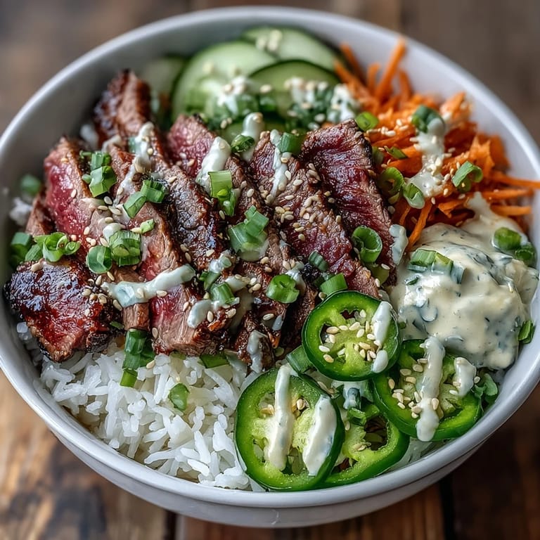 Colorful Korean Beef Power Bowl topped with jalapeños, sesame seeds, and green onions, served on a white plate.