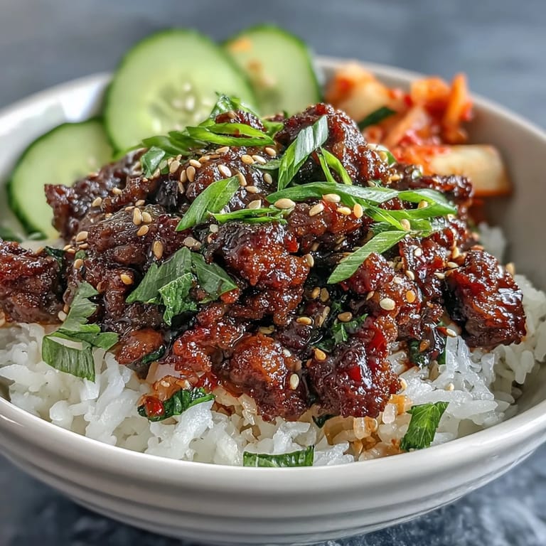 Close-up of Korean Beef Bowl showing glazed ground beef, radish slices, and kimchi on steamed rice.