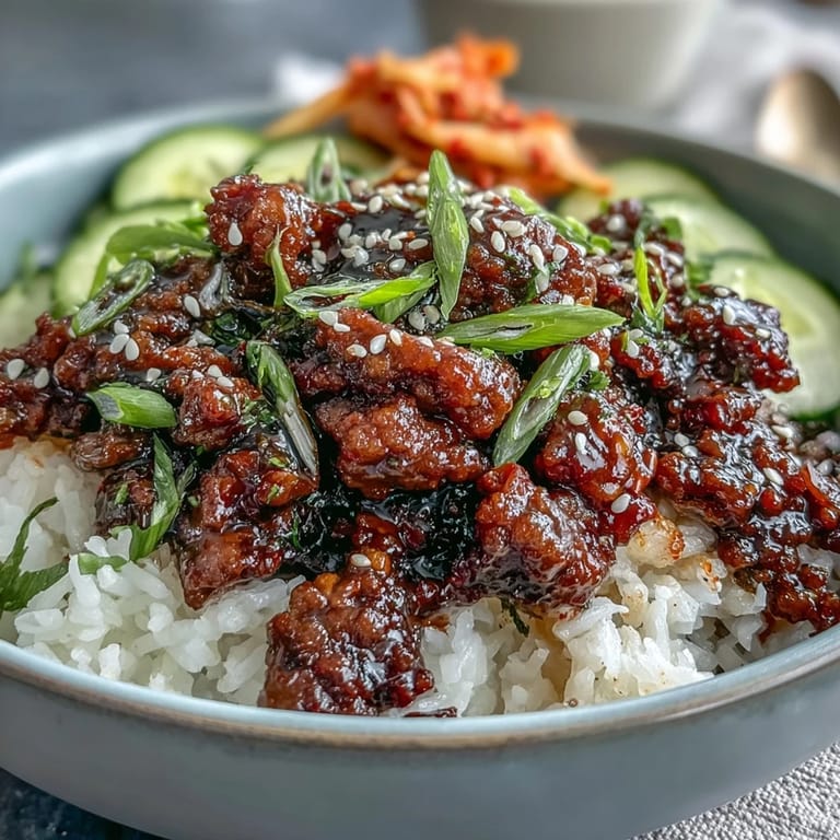 Vibrant Korean Beef Bowl topped with crisp cucumber, pickled carrots, and sesame seeds, served for dinner.
