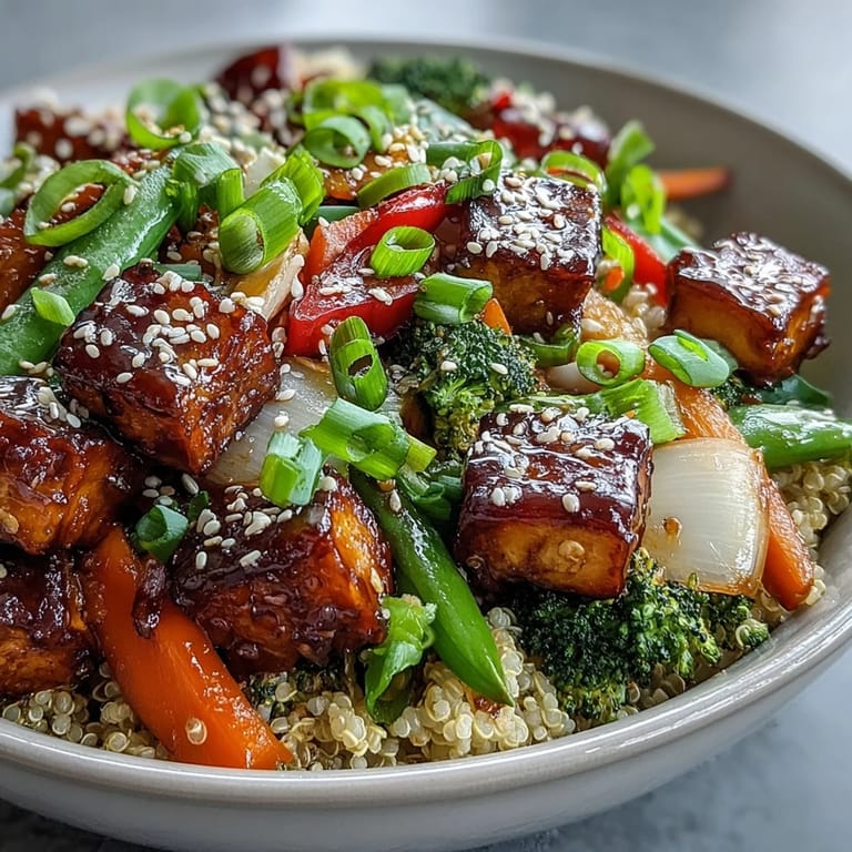 Steamed quinoa topped with bell peppers and snap peas, fully assembled with drizzled teriyaki sauce for a wholesome dinner.