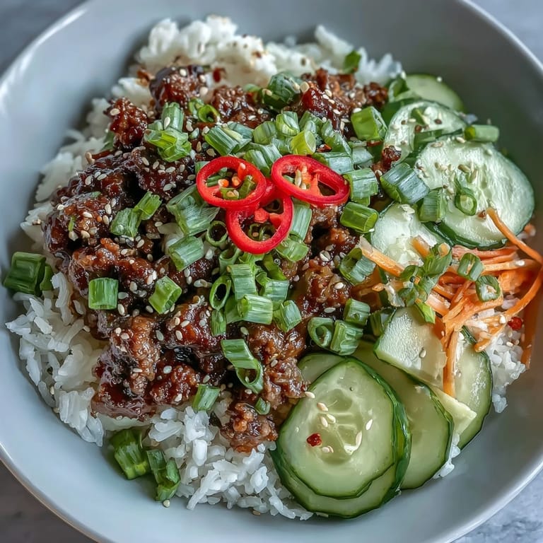 Easy Korean Beef Bowl garnished with green onions and optional red chili, ready to serve for a quick 25-minute weeknight dinner.