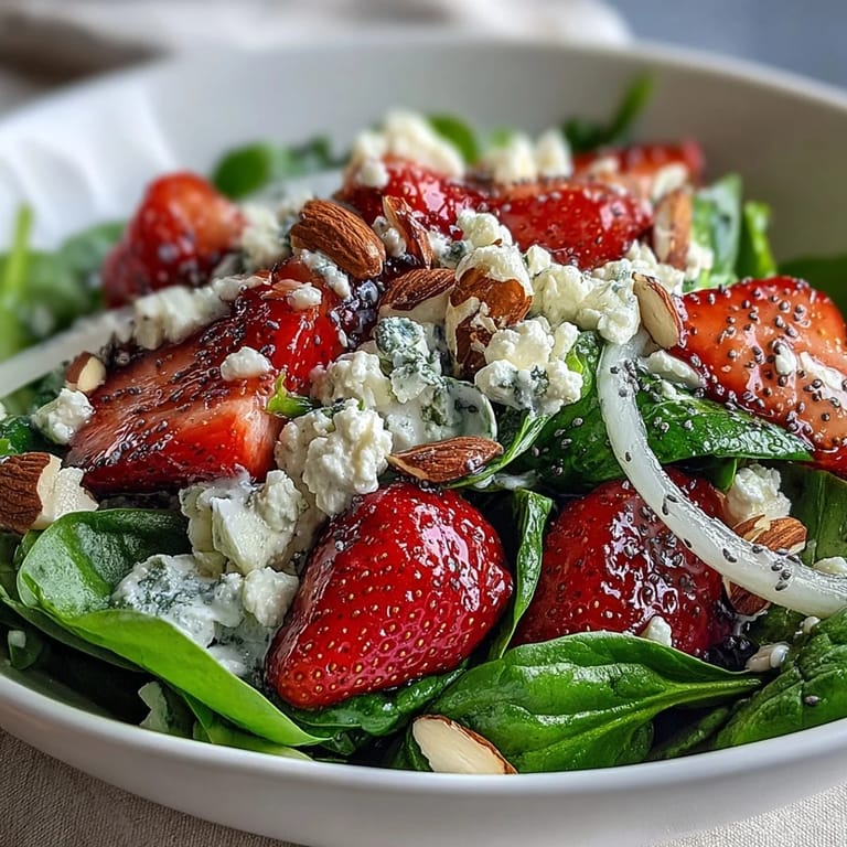 Vibrant spinach salad with juicy strawberries, creamy poppyseed dressing, and crunchy almonds for a refreshing side.  