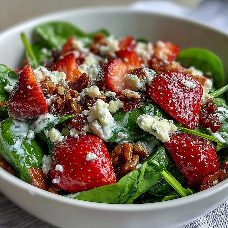 Sweet strawberries and baby spinach tossed with tangy poppyseed dressing, feta, and nuts for a colorful salad.