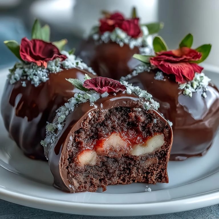 Bite-sized strawberry truffles inspired by Dubai, featuring a rich dark chocolate shell and subtle rosewater aroma