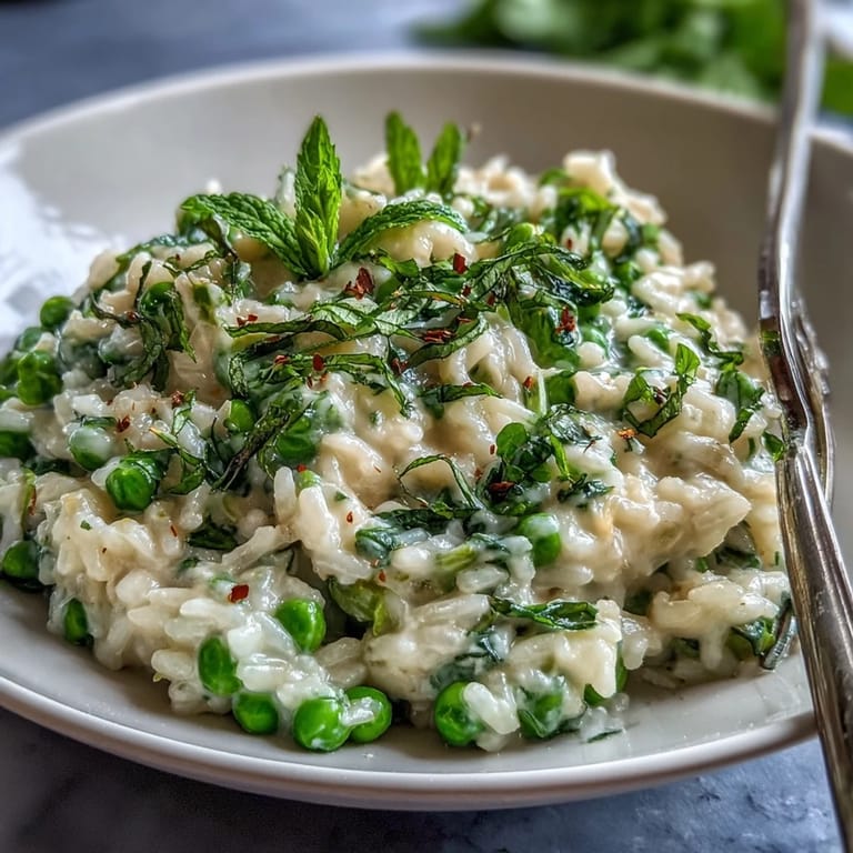 Vibrant green pea and mint risotto with Parmesan, a perfect centerpiece for an elegant spring dinner party or special occasion.