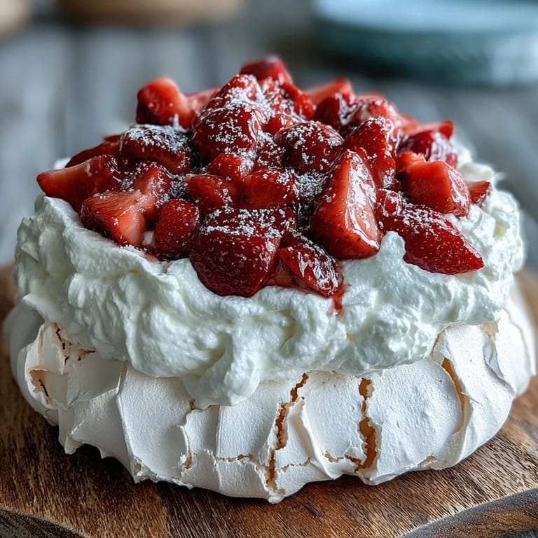 Elegant strawberry pavlova dessert with a delicate meringue base, luscious whipped cream, and juicy berries for a sweet-tart flavor contrast.