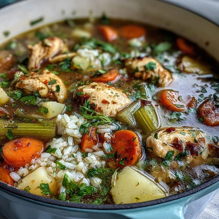 A cozy, hearty one-pot meal featuring Easy Chicken Run Chicken and Rice Soup, with golden chicken pieces and soft rice simmering in a rich, aromatic broth.