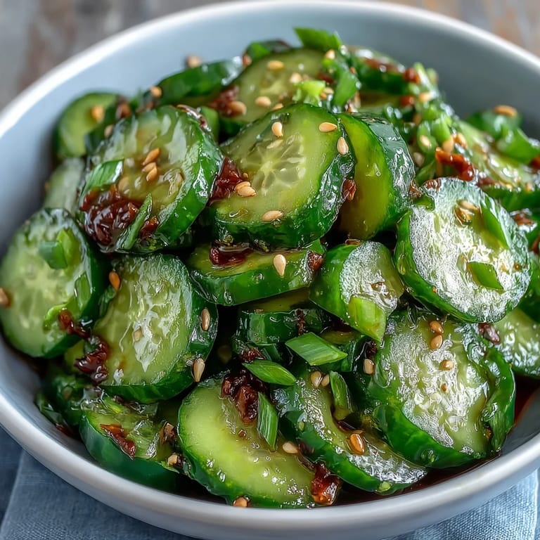 Refreshing Asian cucumber salad with sesame and rice vinegar, featuring crunchy cucumbers and a zesty, aromatic dressing.