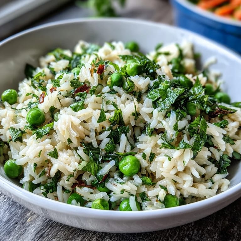 Fluffy rice pilaf mixed with sweet spring peas and aromatic mint, perfect alongside roasted meats or fish.  